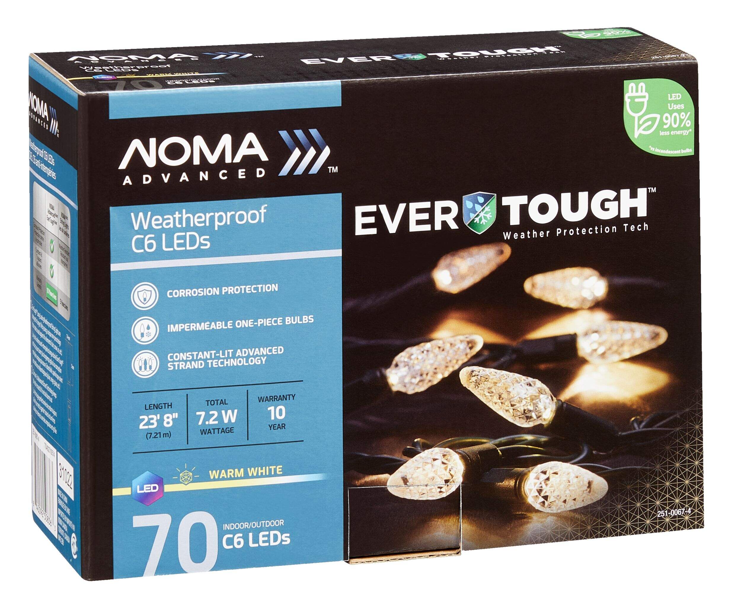 NOMA Advanced EverTough 70 C6 LED Christmas Lights, 23-ft 8", Warm White Front_Angled_Right