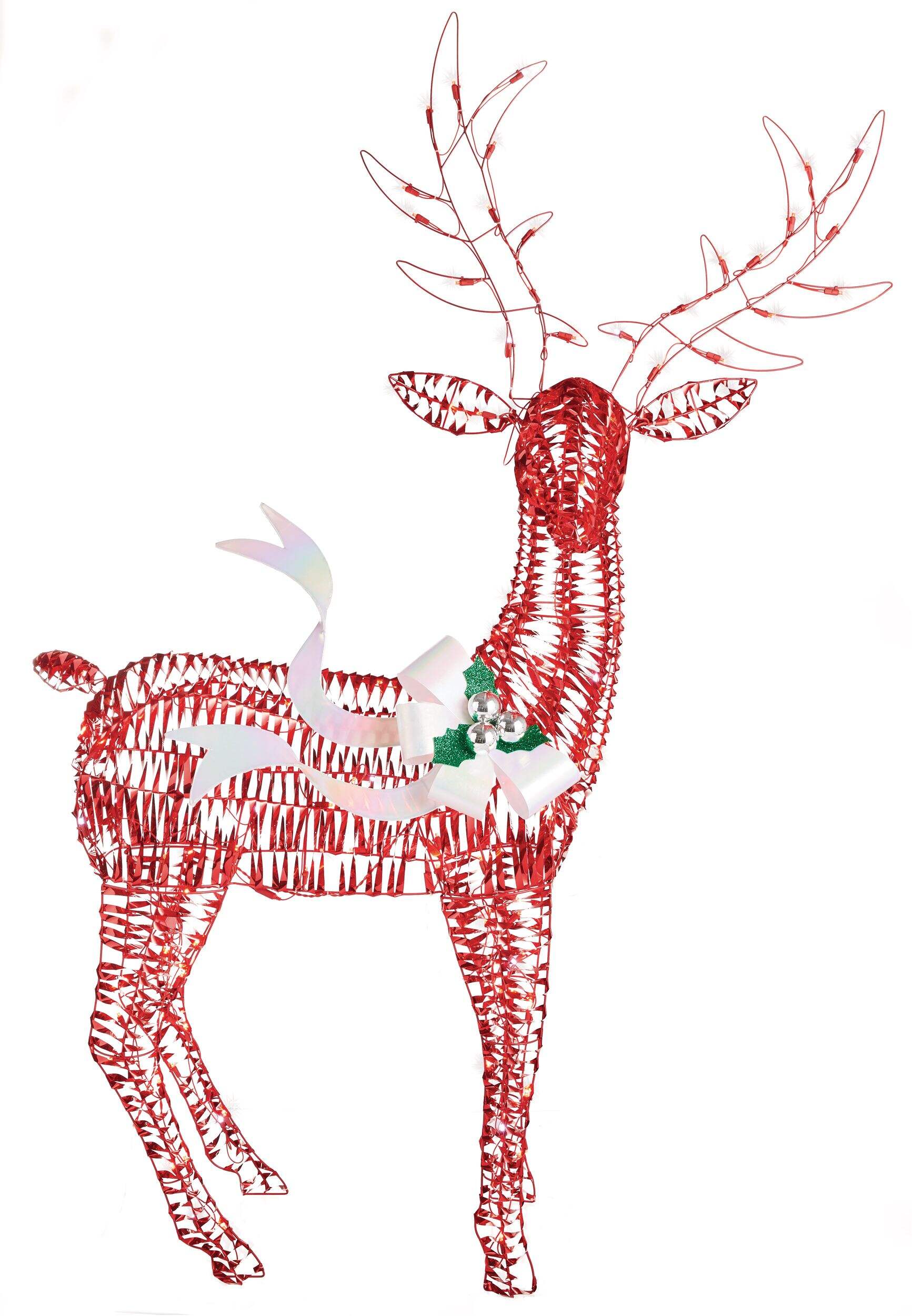 CANVAS Sparkle Iridescent Ribbons Red Reindeer Christmas Decor, Cool White, 6-ft Front_Flat