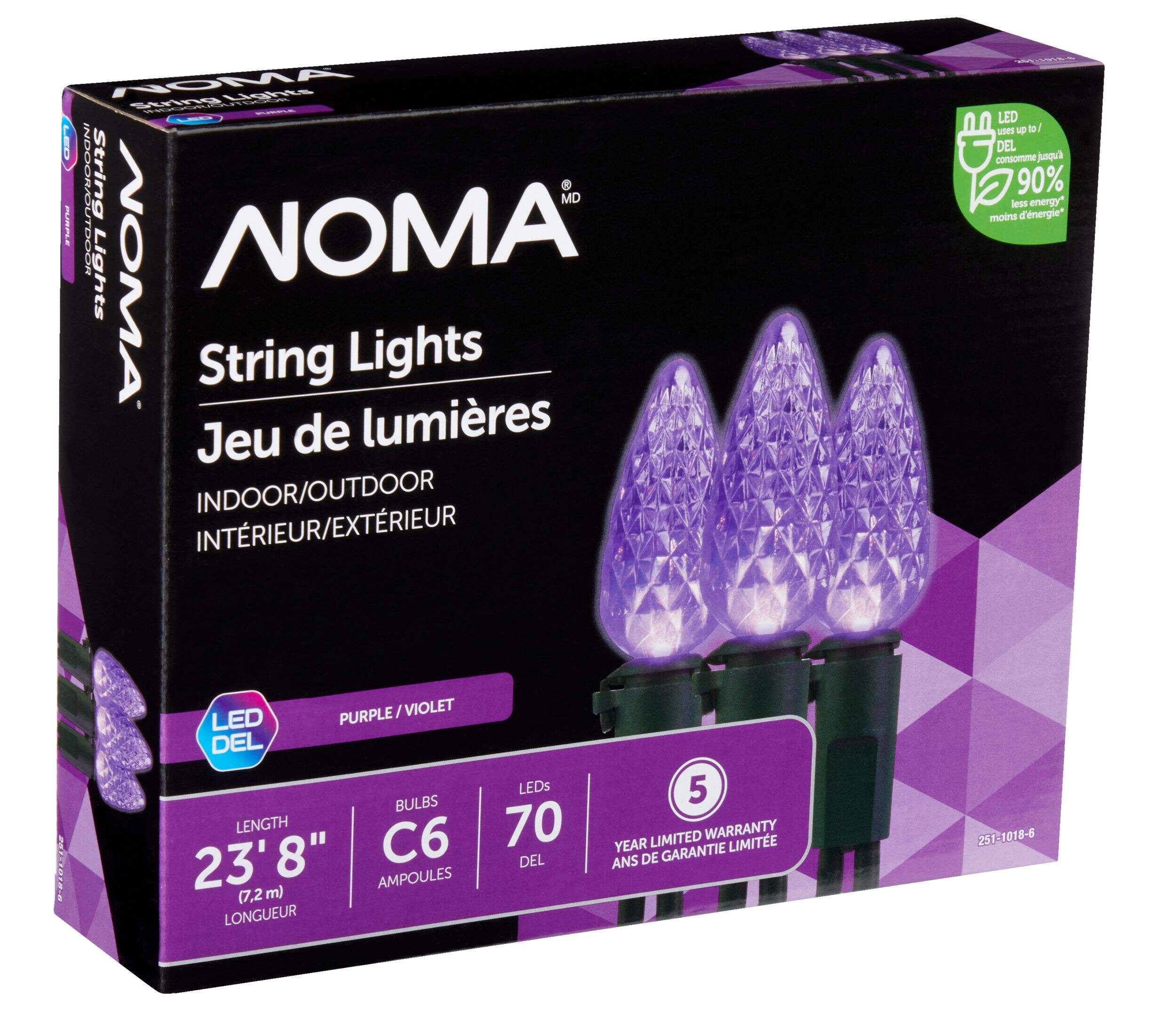 Lumières de Noël d'extérieur NOMA C6 à DEL, 70 ampoules, violet, 23 pi 8 po Front_Angled_Right