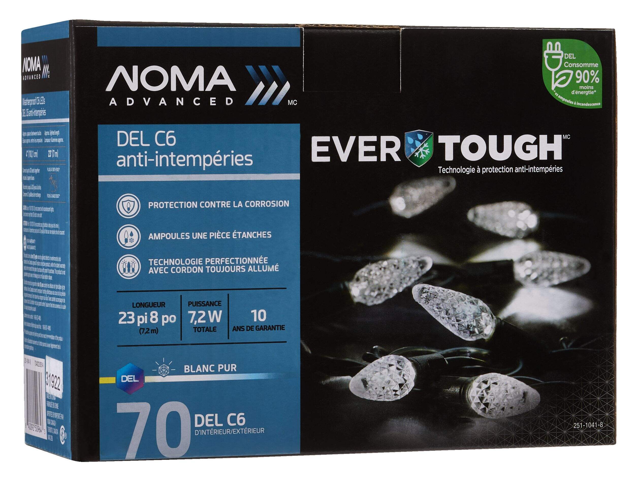 Lumières de Noël NOMA C6 Advanced EverTough à DEL, 70 ampoules, blanc pur, 23 pi 8 po Front_Angled_Right