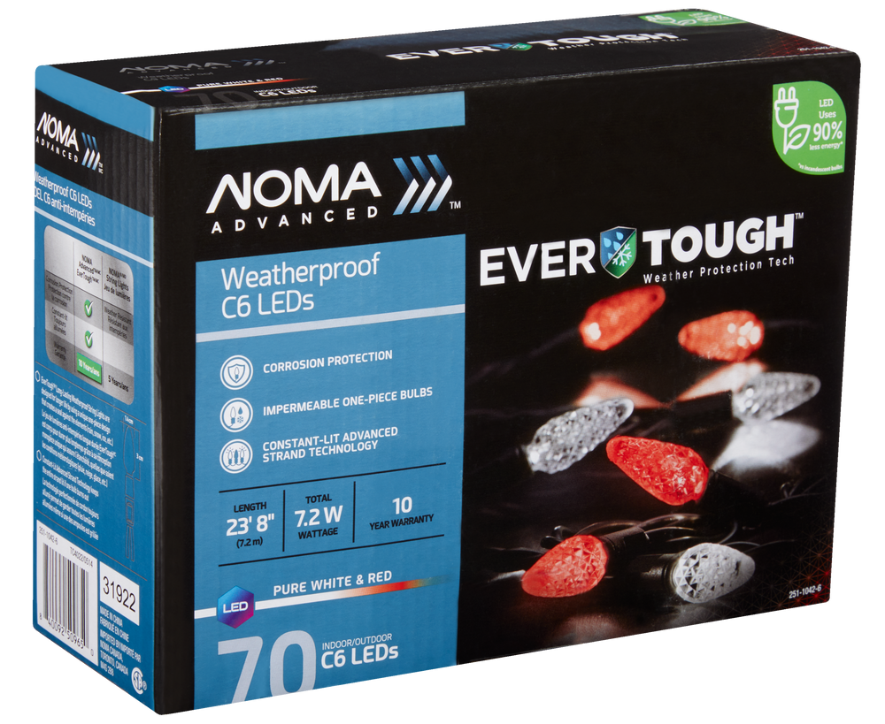 NOMA Advanced Evertough C6 Christmas Lights, 70 LED Lights, Red/Pure