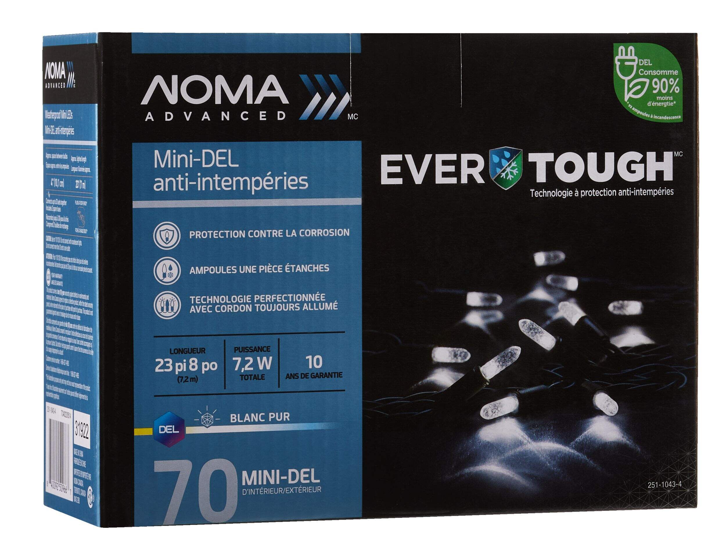 Mini lumières de Noël NOMA C6 Advanced EverTough à DEL, 70 ampoules, blanc pur, 23 pi 8 po Front_Angled_Right