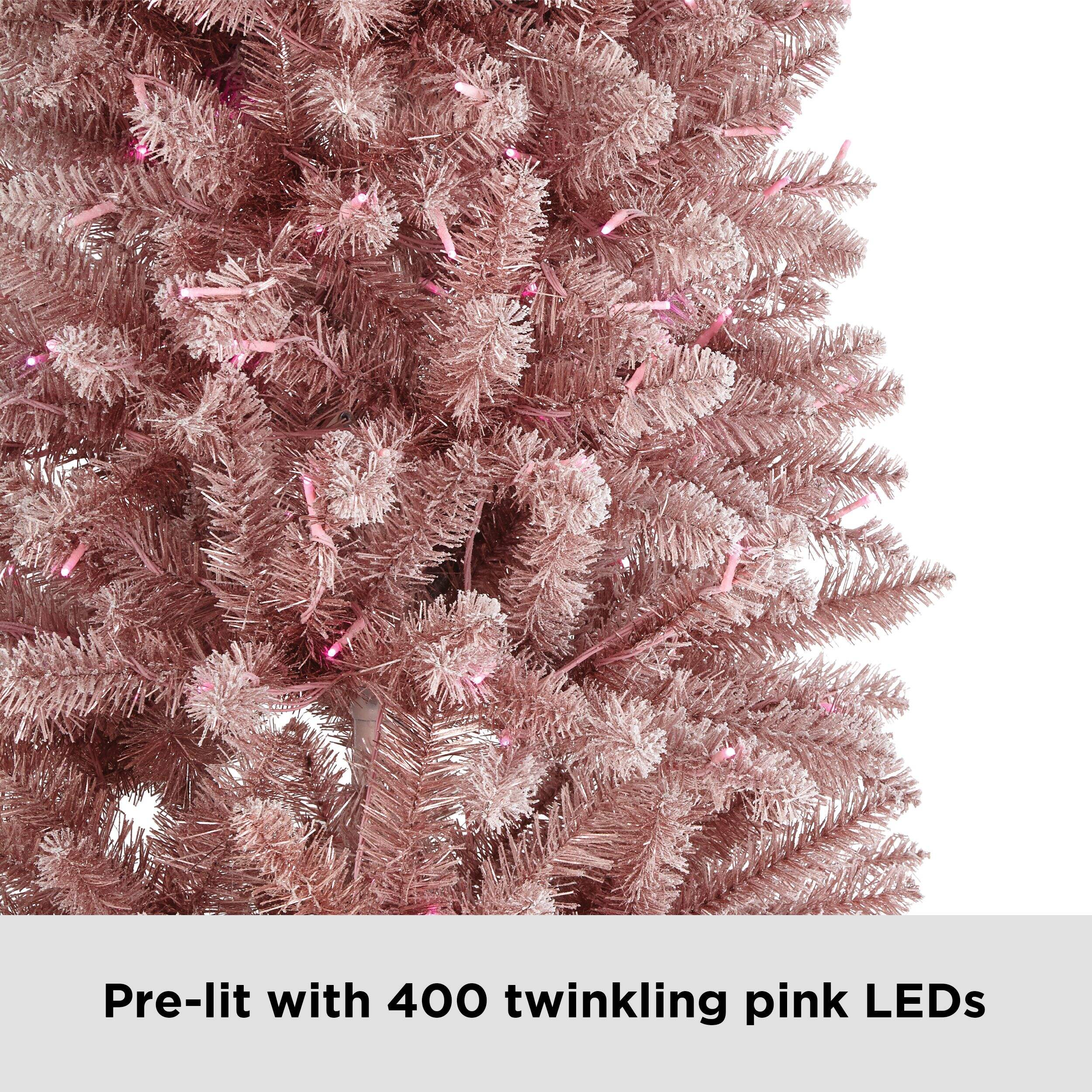 NOMA Pre-Lit Flocked Tinsel Christmas Tree, 400 LED Pink Lights, Pink ...