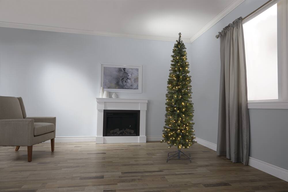 white pre lit pencil christmas tree