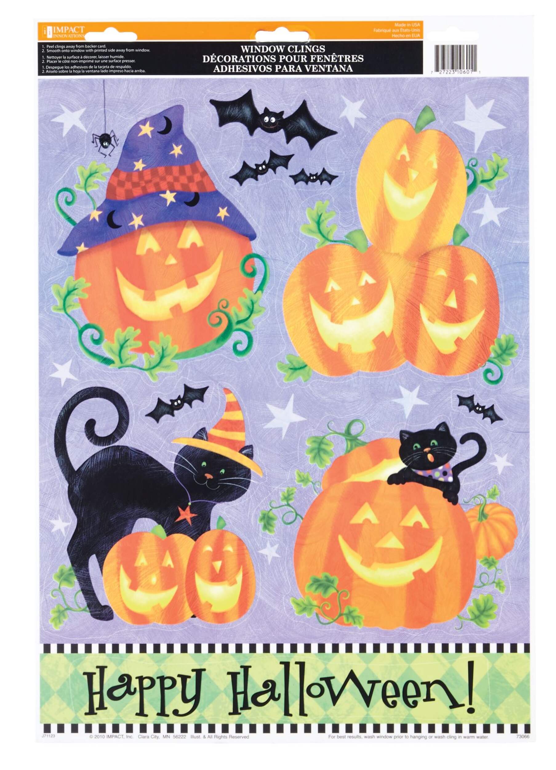 For Living Pumpkins/Witch/Skeleton Assorted Wall Gel Cling Decals, Multi-Coloured, 2-pk, Indoor Decoration for Halloween Front_Flat