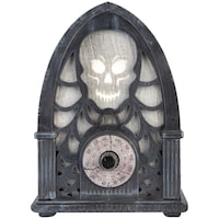 Animated LED Light-Up Haunted Glowing Skull Radio with Batteries, Grey/White, 9-in, Sound & Light Activated Indoor Decoration for Halloween Front_Flat