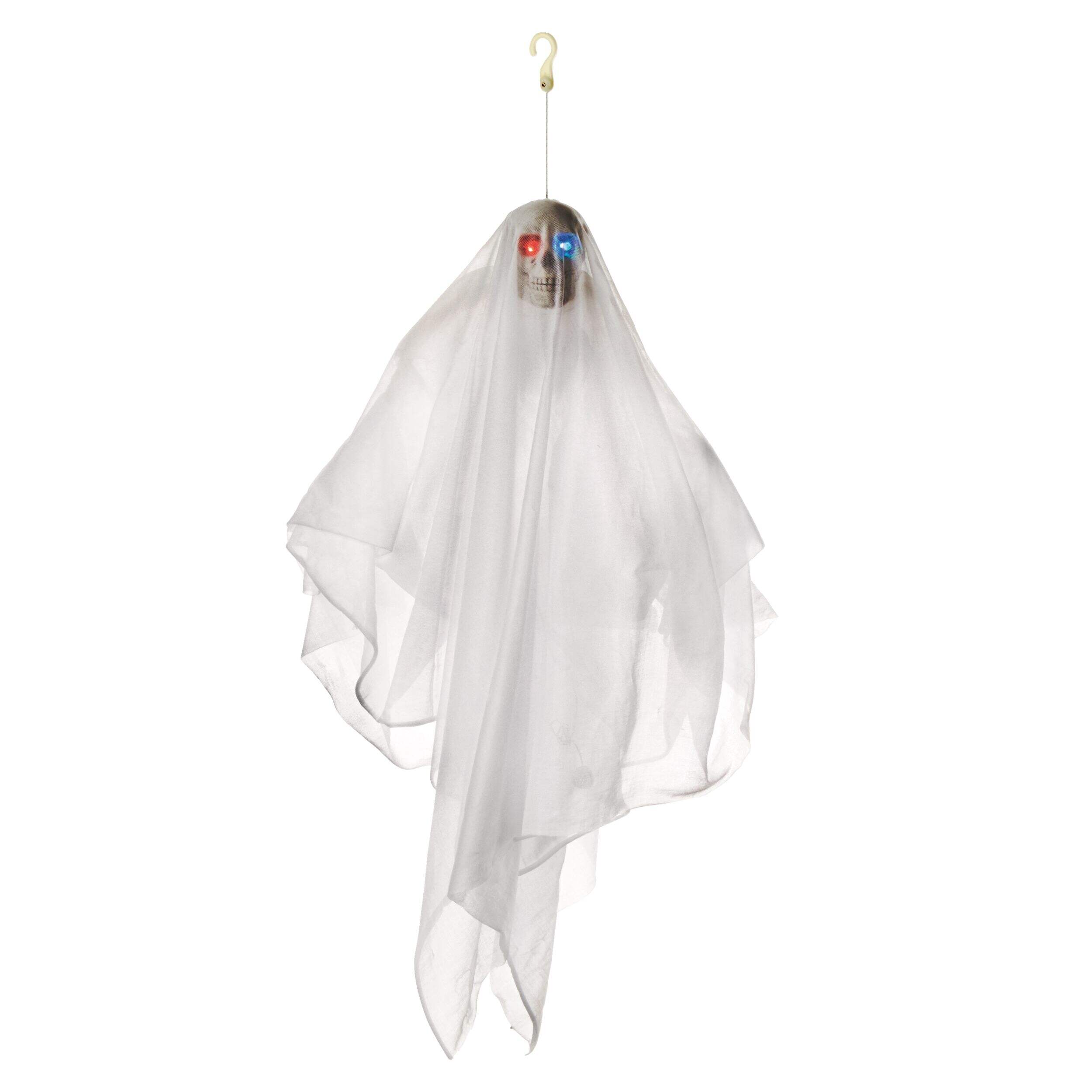 For Living Skeleton Ghost Animated Hanging LED Light-Up Character, White, 2.5-ft, Sound & Light Activated Indoor/Outdoor Decoration for Halloween Front_Angled_Right