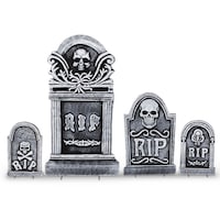 For Living "RIP" Skull Graveyard Tombstones with Stakes, Grey, 35-in, 4-pk, Outdoor Decoration for Halloween Front_Flat