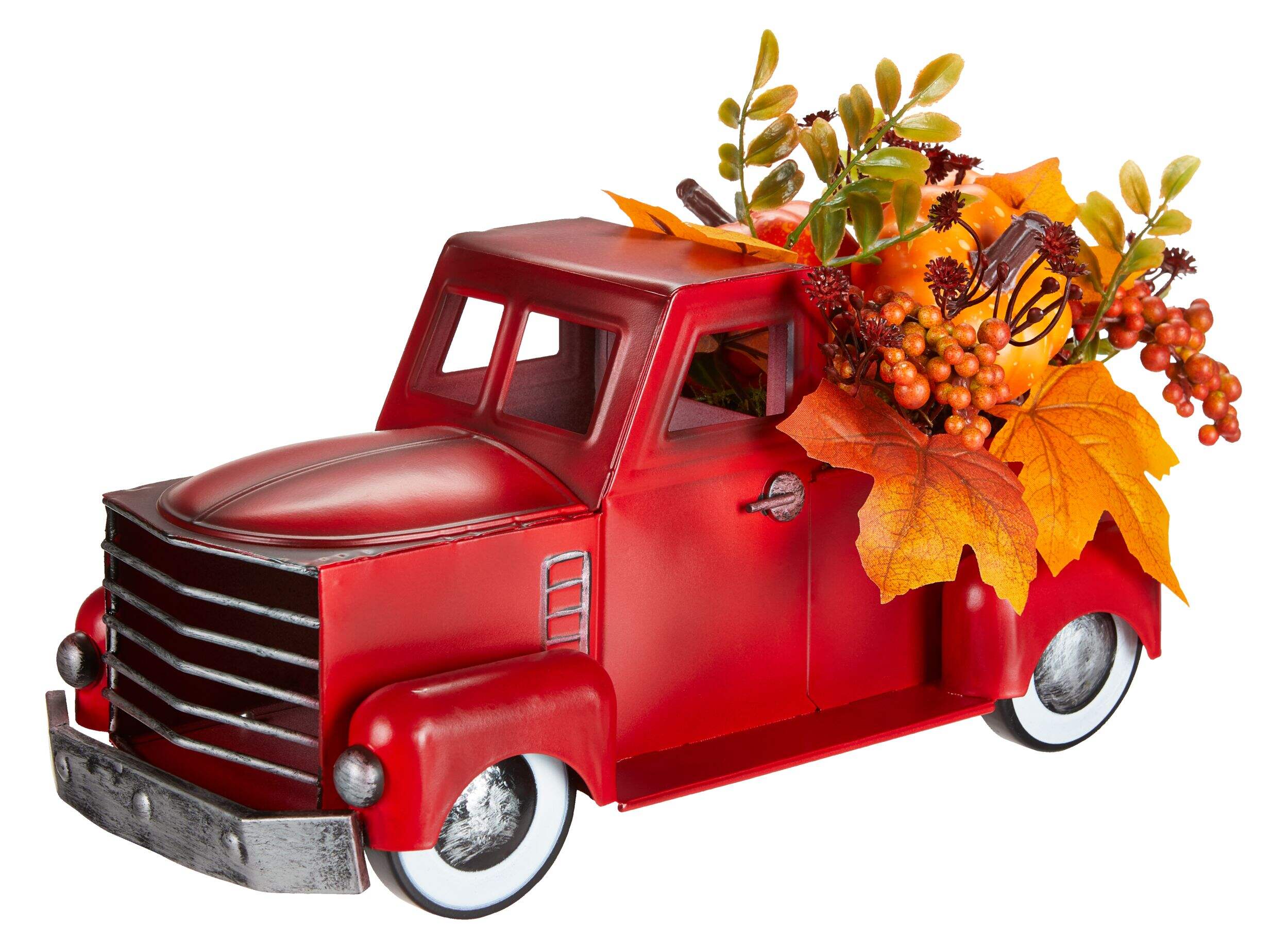 CANVAS Metal Farmhouse Truck Model with Pumpkin & Florals, 12.5-in Front_Three_Fourths_Angled_Left