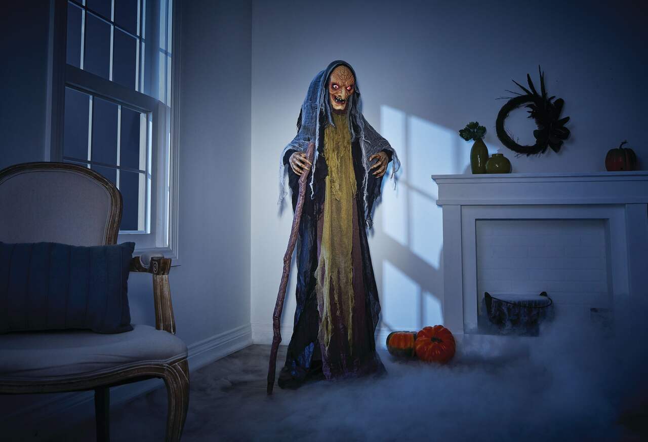 Poupée d'animation d'Halloween Sorcière dans un Ketel avec lumière et son  40 cm