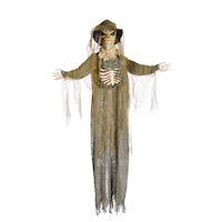 FOR LIVING Scarecrow Skeleton Animated LED Light-Up Hanging Character, Sound & Light Activated Indoor/Outdoor Decoration for Halloween, Green, 6-ft Front_Flat