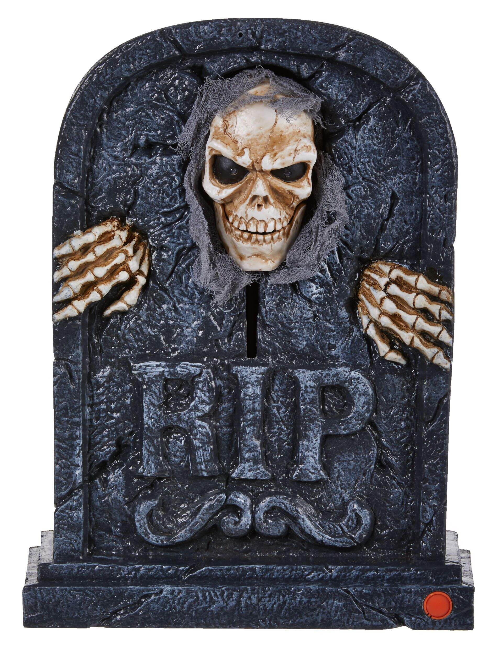 "RIP" Grim Reaper Skeleton Animated LED Light-Up Tombstone Ghoul, Grey, 15-in, Sound & Light Activated Outdoor Decoration for Halloween Front_Flat