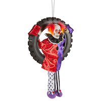 Clown Animated LED Light-Up Hanging Tire, Multi-Coloured, 27.95-in, Sound & Light Activated Indoor/Outdoor Decoration for Halloween Front_Three_Fourths_Angled_Right