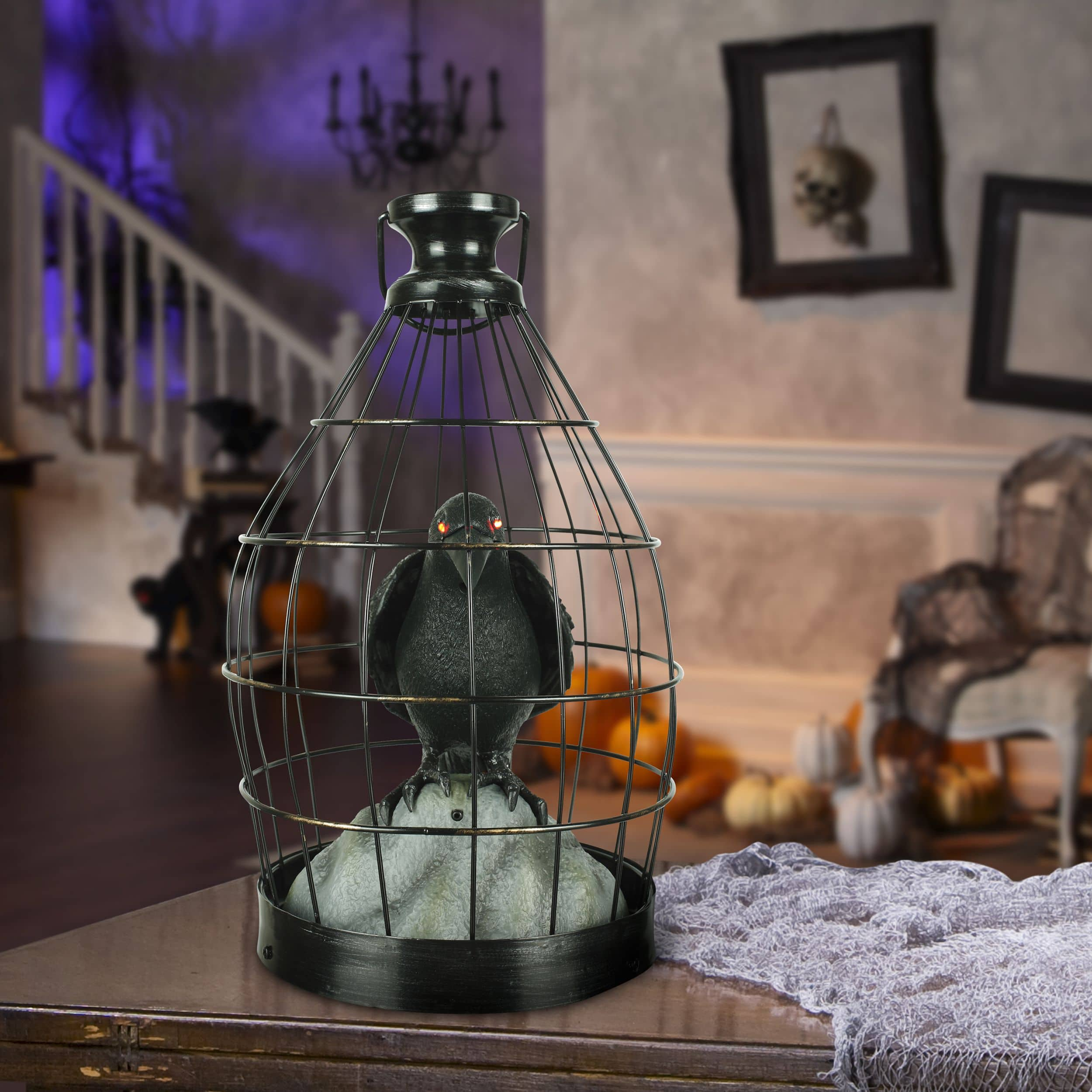 Gemmy Crow in popular cage eyes light up, wings flap motion sensor