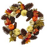 For Living Wreath with Pumpkins/Pinecones/Leaves, Multi-Coloured, 22-in, Indoor/Outdoor Decoration for Fall Front_Flat