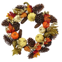 For Living Wreath with Pumpkins/Pinecones/Leaves, Multi-Coloured, 22-in, Indoor/Outdoor Decoration for Fall