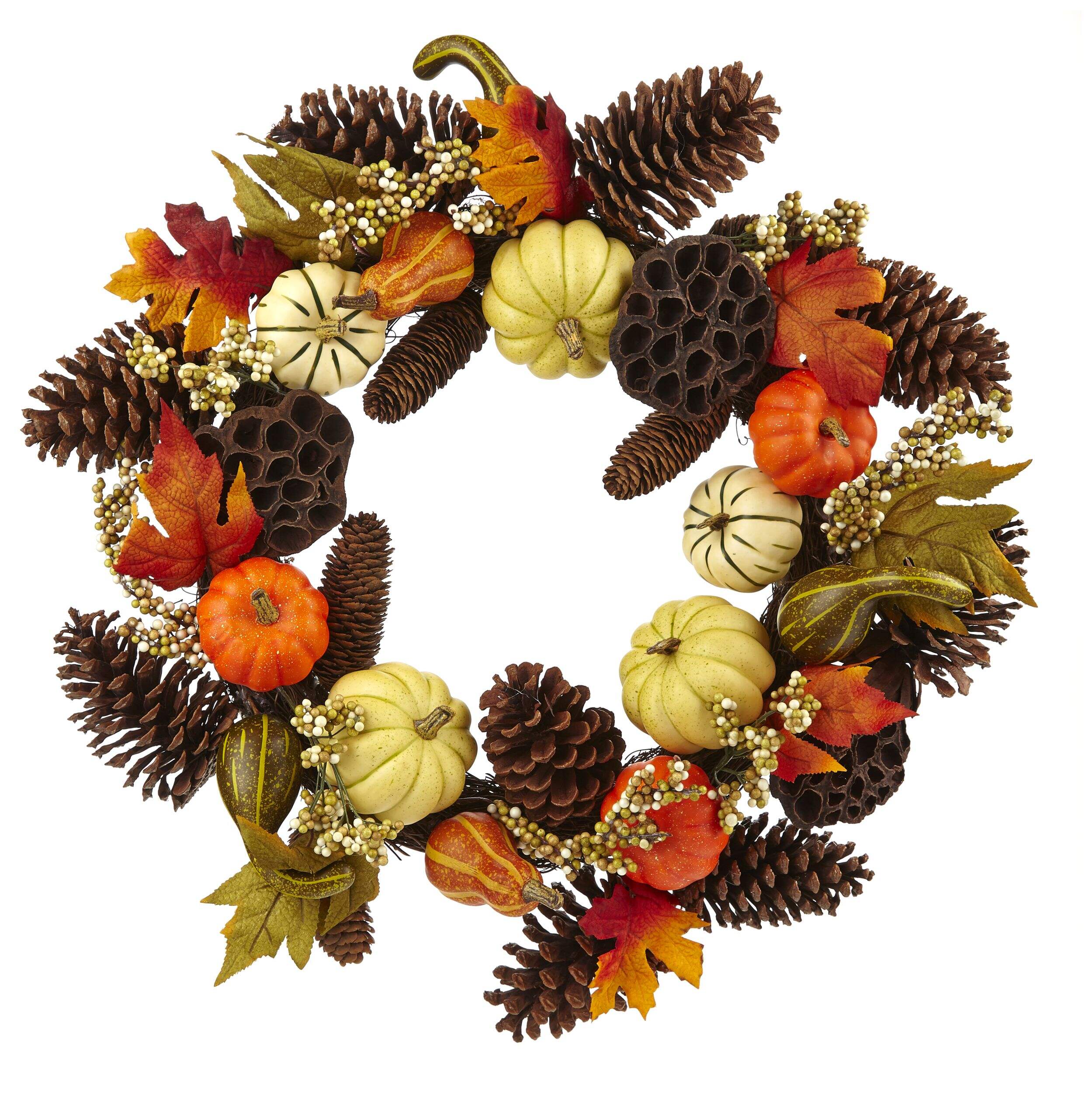 For Living Wreath with Pumpkins/Pinecones/Leaves, Multi-Coloured, 22-in, Indoor/Outdoor Decoration for Fall Front_Flat