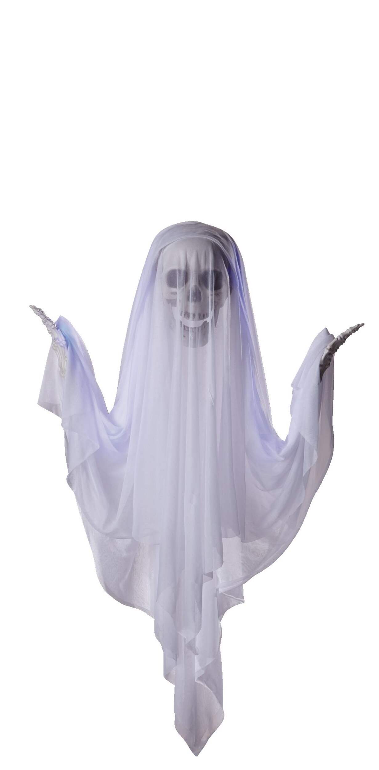 FOR LIVING Ghost Animated LED Light-Up Hanging Character, Sound & Light Activated Indoor/Outdoor Decoration for Halloween, White, 48-in, Assorted Front_Flat