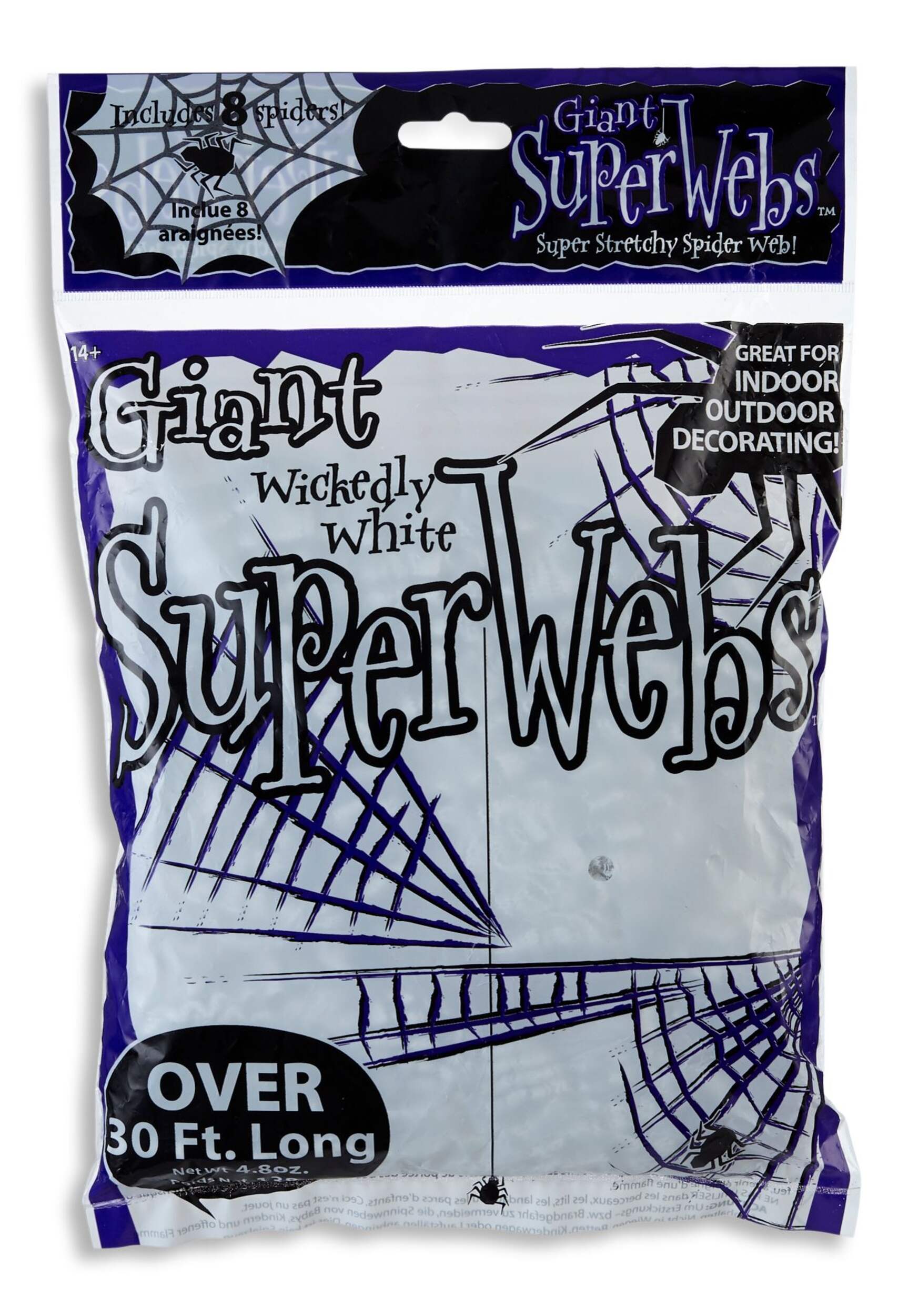 Toiles d'araignée géantes For Living avec 20 araignées en plastique, noir/blanc, 30 pi, paq. 21, décorations d'intérieur et d'extérieur pour l'Halloween Front_Flat