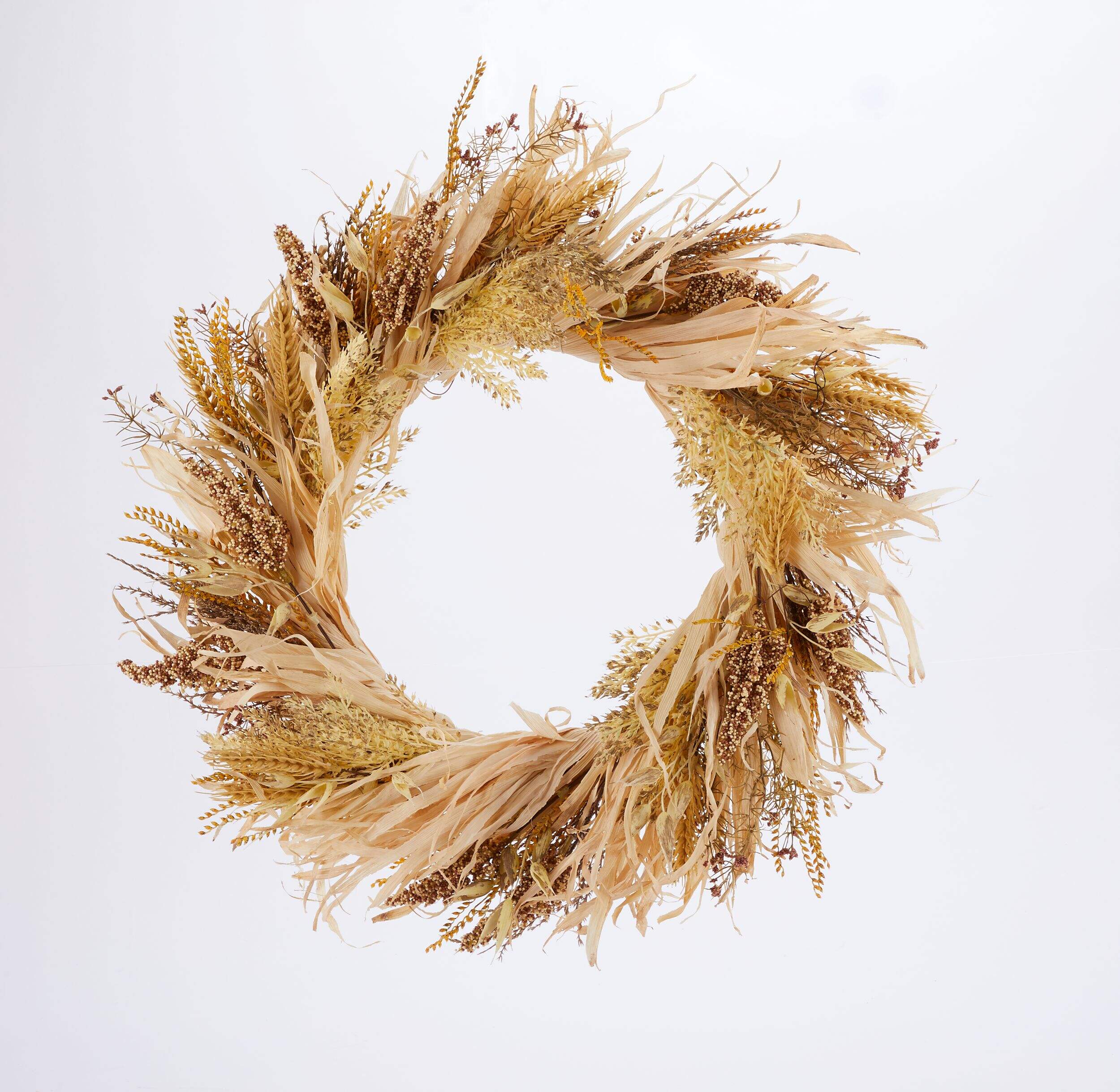 CANVAS Faux Wheat Wreath with Corn Husks, Fall & Thanksgiving  Decorations, Beige, 22-in Front_Flat