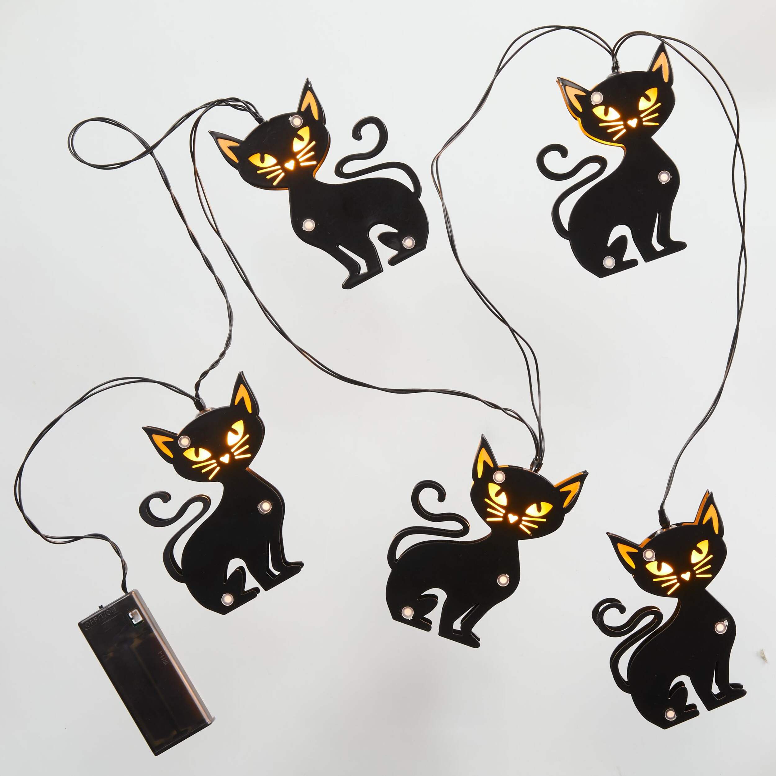 For Living Cat Shape Metal LED String Lights with Timer Control for Halloween, Black, 4-ft Overhead_Flat