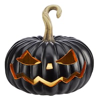 For Living Jack-O'-Lantern Resin LED Light-Up Pumpkin, Black, 8-in, Light Activated Indoor Decoration for Halloween Front_Elevated