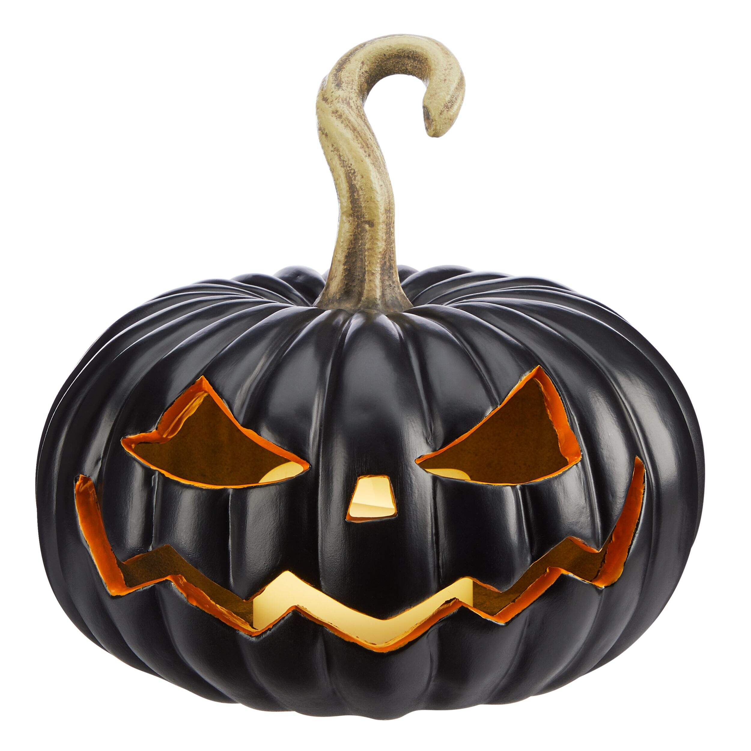 For Living Jack-O'-Lantern Resin LED Light-Up Pumpkin, Black, 8-in, Light Activated Indoor Decoration for Halloween Front_Elevated