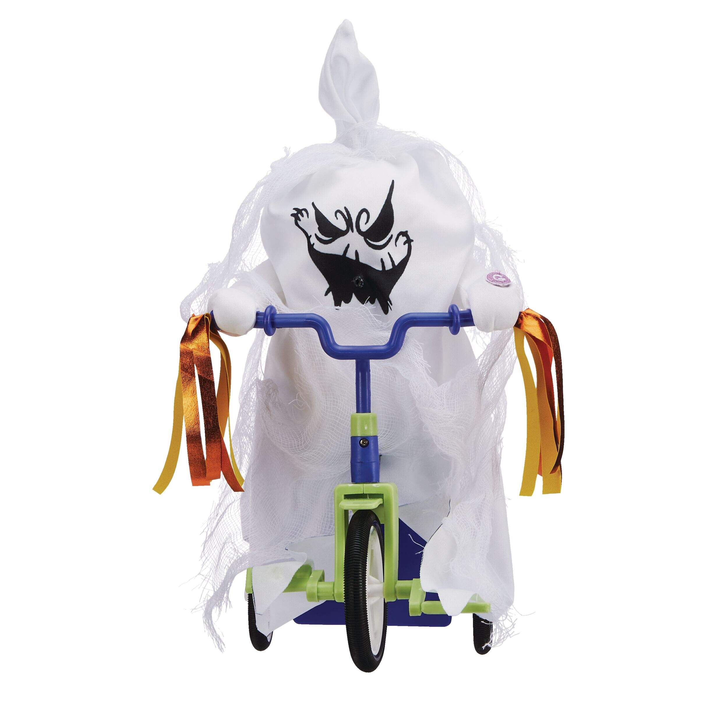 Fantôme sur tricycle en peluche Gemmy animé avec piles, blanc, 11-1/2 po, décoration d'intérieur/d'extérieur activée par le son pour l'Halloween Front_Flat