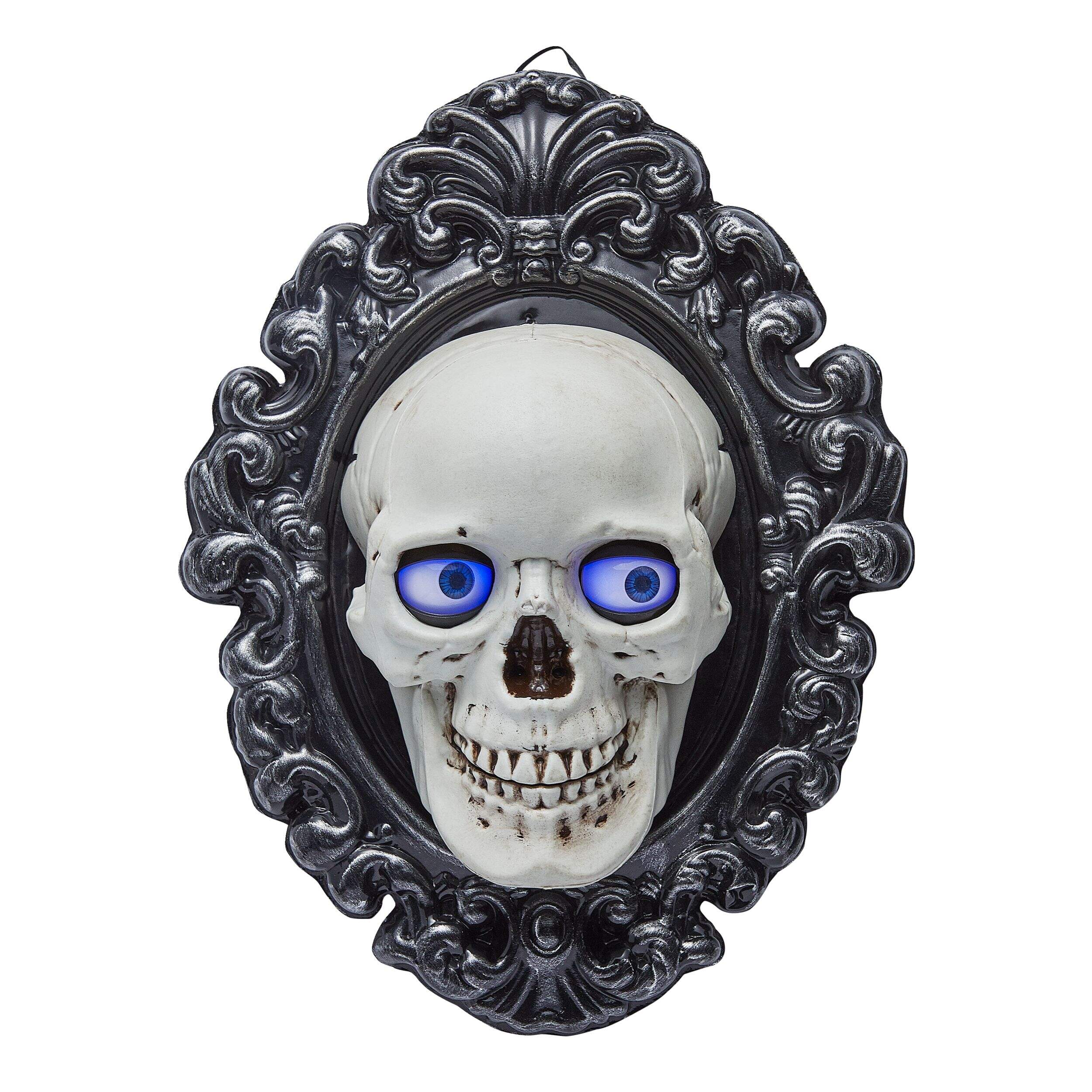 For Living Skull Animated LED Light-Up Hanging Plaque, Black/White, 14-in, Sound & Light Activated Indoor/Outdoor Decoration for Halloween Front_Flat