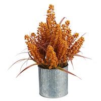CANVAS Galvanized Tabletop Harvest Pot with Leaves & Grass, Orange, 12-in, Indoor Decoration for Fall