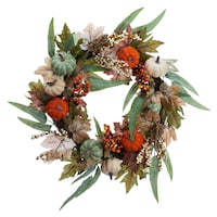 CANVAS Wreath with Pumpkins/Leaves/Berries, Multi-Coloured, 22-in, Indoor Decoration for Fall Front_Flat