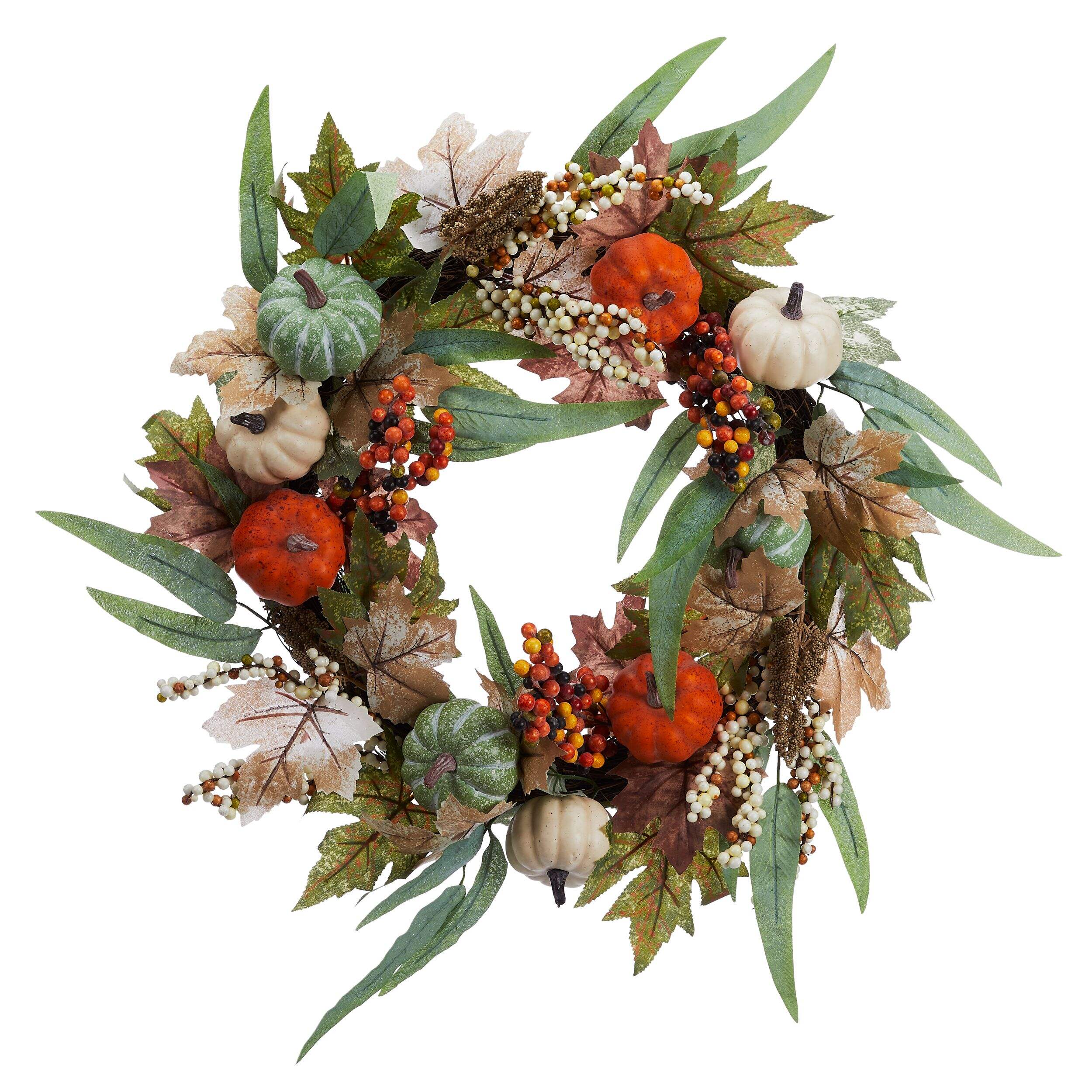 CANVAS Wreath with Pumpkins/Leaves/Berries, Multi-Coloured, 22-in, Indoor Decoration for Fall Front_Flat
