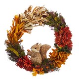 CANVAS Squirrel Harvest Wreath  with Flowers & Leaves, Multi-Coloured, 18-in, Indoor Decoration for Fall Front_Flat