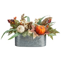 CANVAS Galvanized Harvest Basket with Florals & Pumpkins, Multi-Coloured, 10-in, Indoor Decoration for Fall