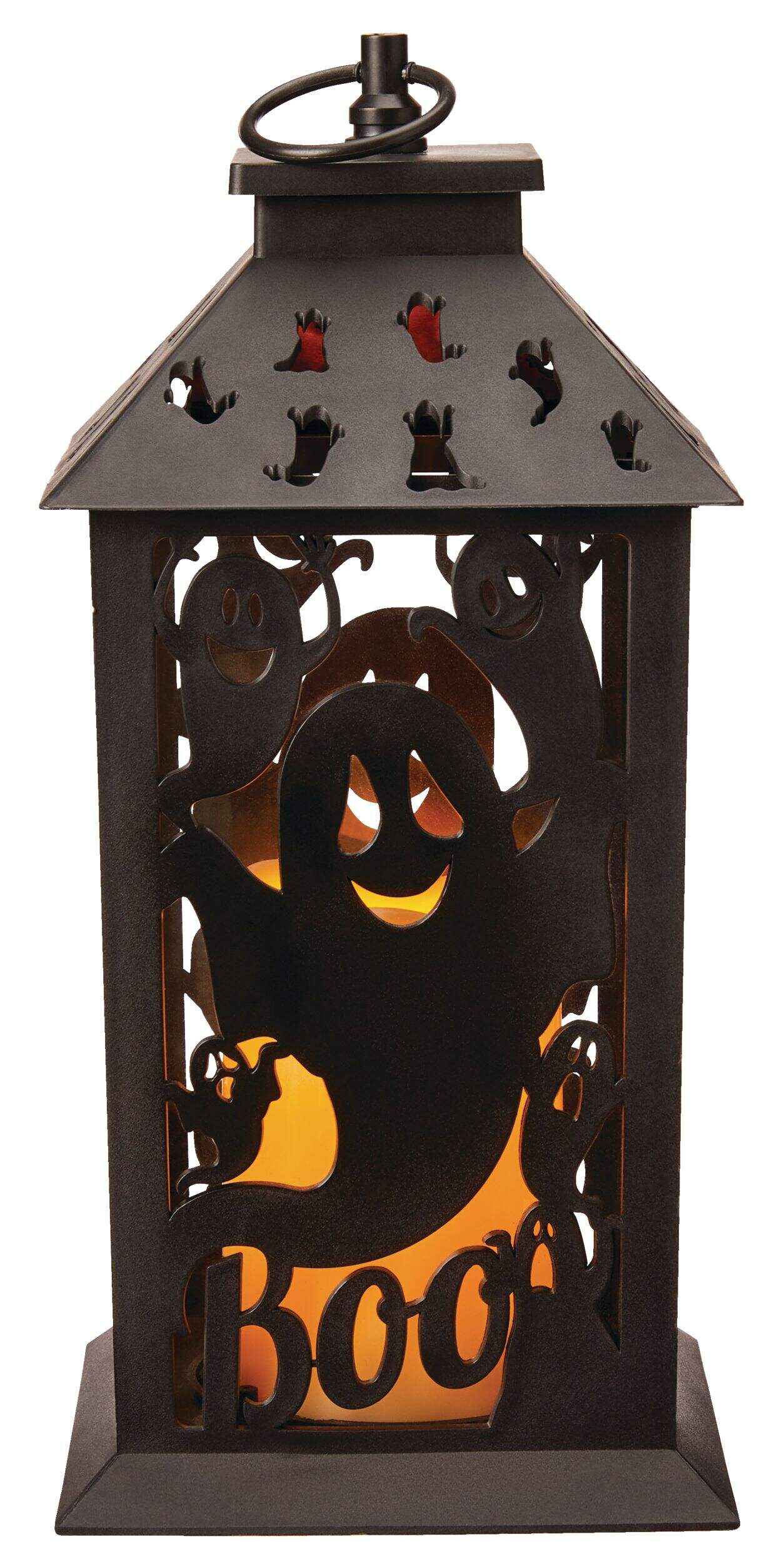 For Living Ghost LED Light-Up Flickering Flame Lanter, Black, 12.5-in, Light Activated Indoor/Outdoor Decoration for Halloween Front_Flat