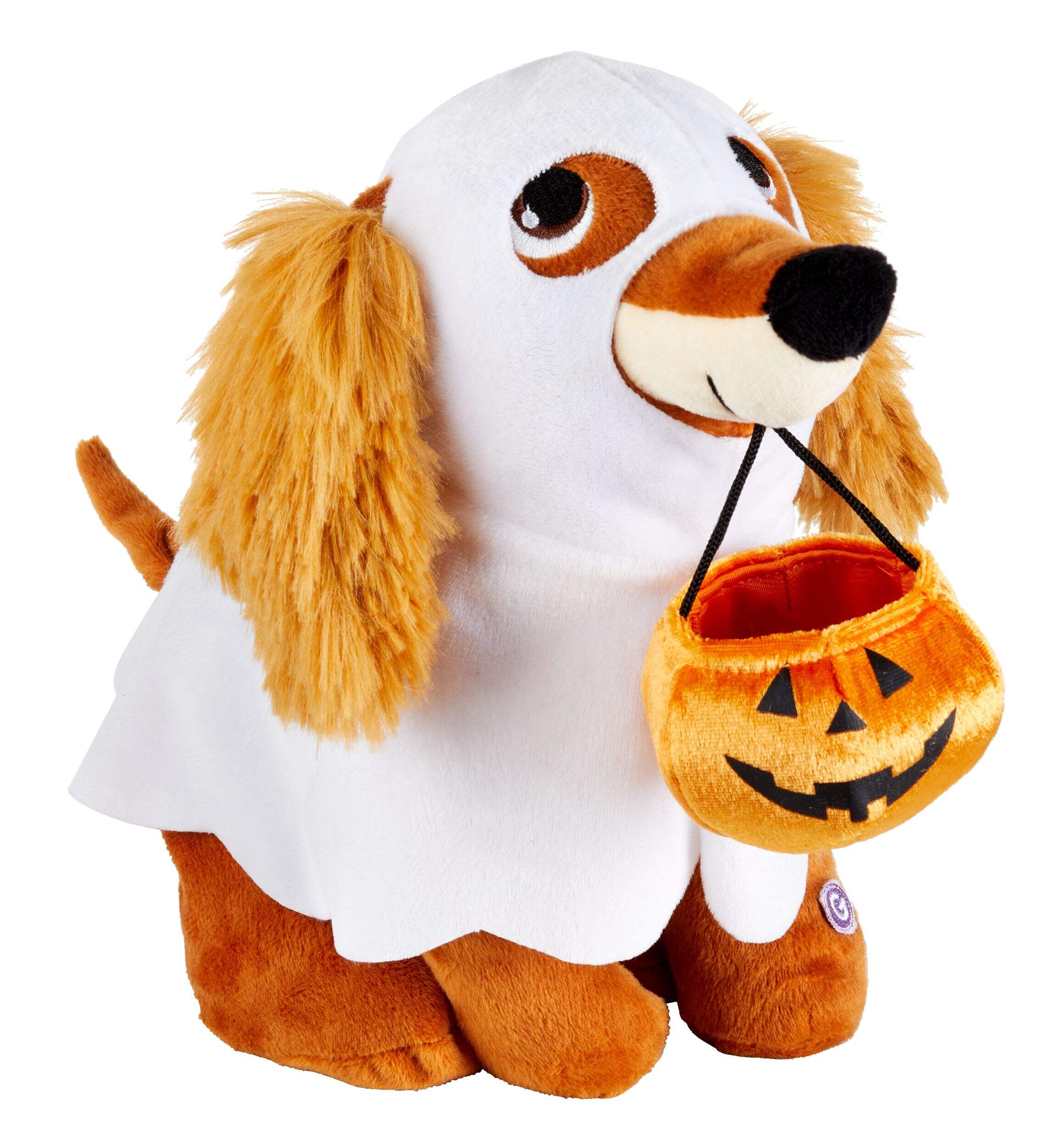 Gemmy Ghost Costume Dog Animated Begging Dacning Plush, Orange/White, 10 1/4-in, Sound Activated Indoor/Outdoor Decoration for Halloween Front_Three_Fourths_Angled_Right
