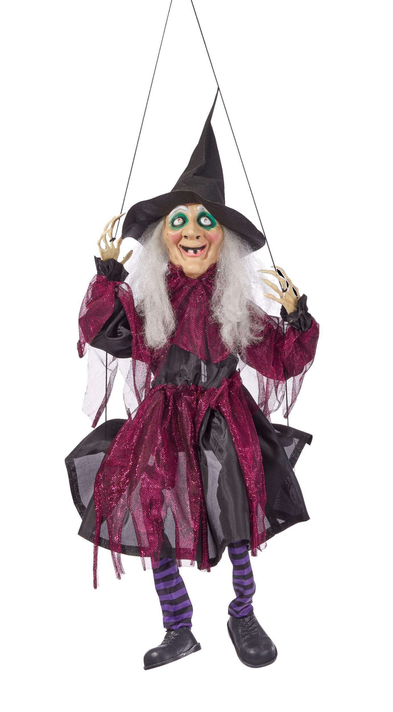 For Living Witch Animated LED Light-Up Hanging Swing with Batteries, Black/Purple, 39-in, Sound & Light Activated Indoor/Outdoor Decoration for Halloween Front_Flat