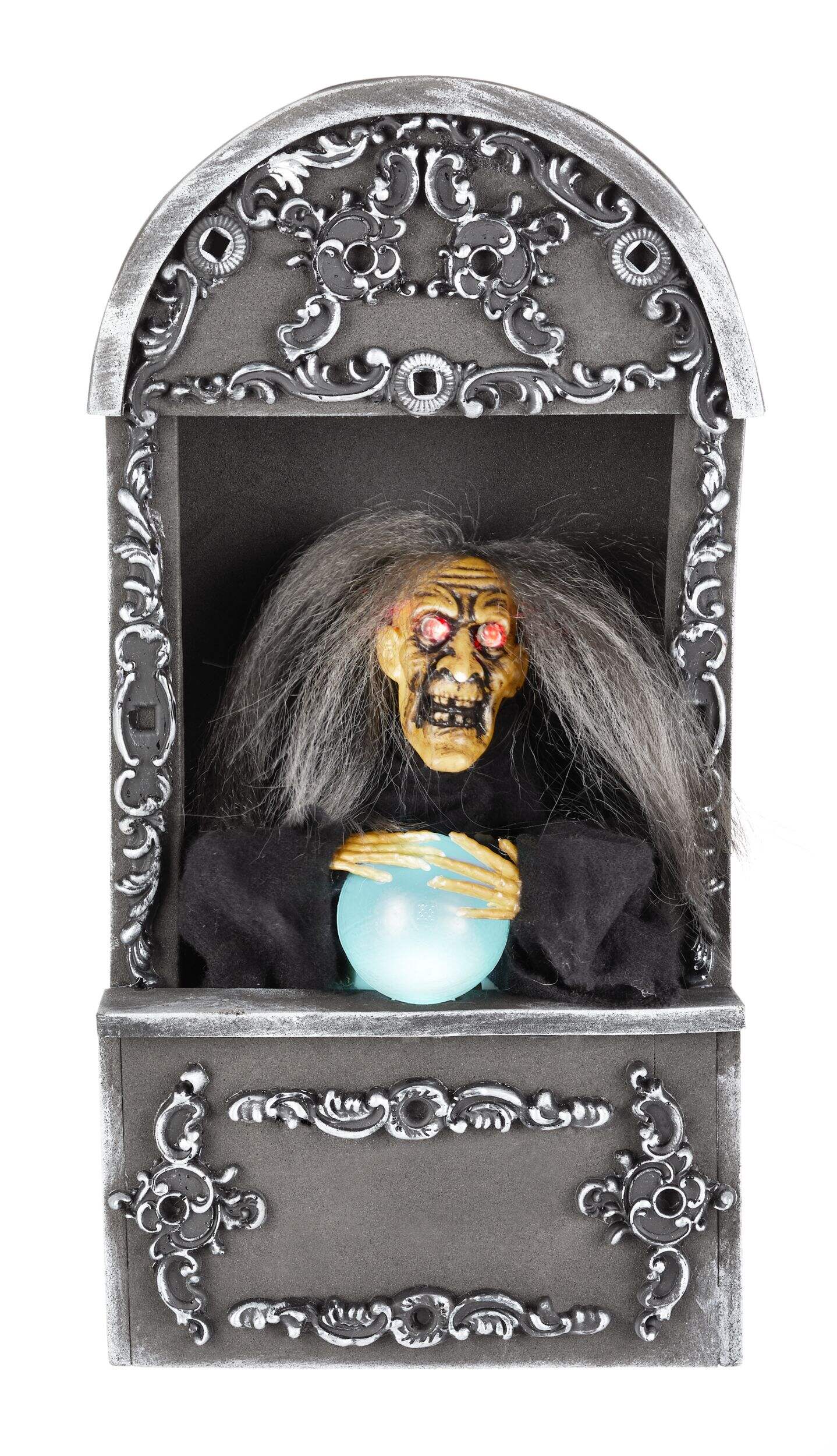 For Living Fortune Teller Animated LED Light-Up Character with Batteries, Grey, 15-in, Sound & Light Activated Indoor/Outdoor Decoration for Halloween Composite_or_Mixed