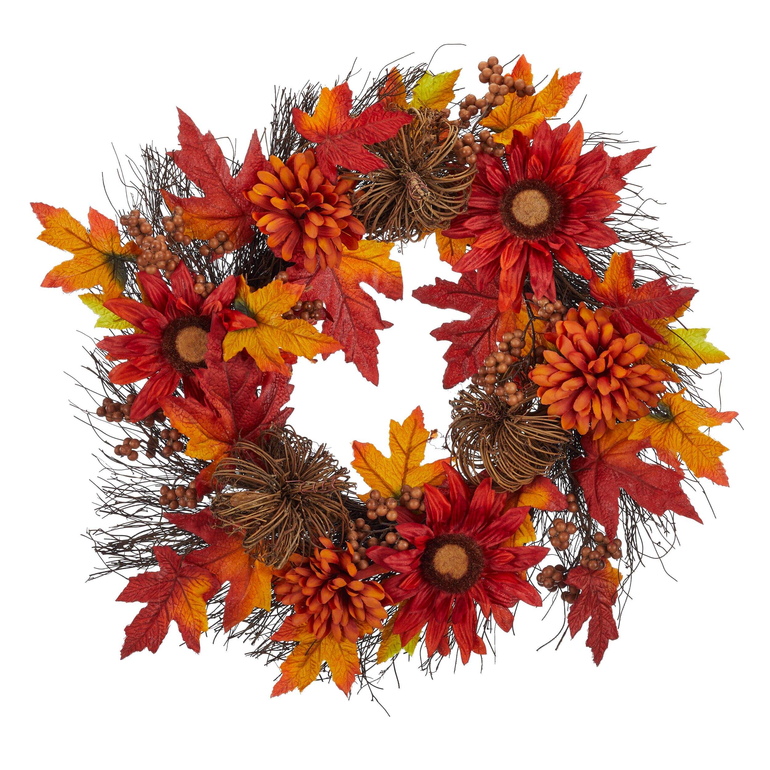 Couronne récolte CANVAS avec tournesols/feuilles d'érable/baies, rouge, 24 po, décoration intérieure pour l'automne Front_Flat