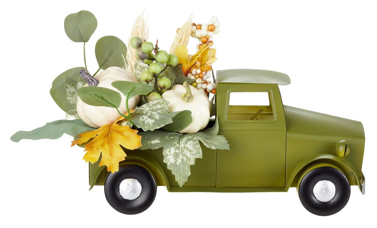 Camion de table CANVAS avec fleurs et citrouilles, vert, 8 po, décoration  intérieure pour l'automne