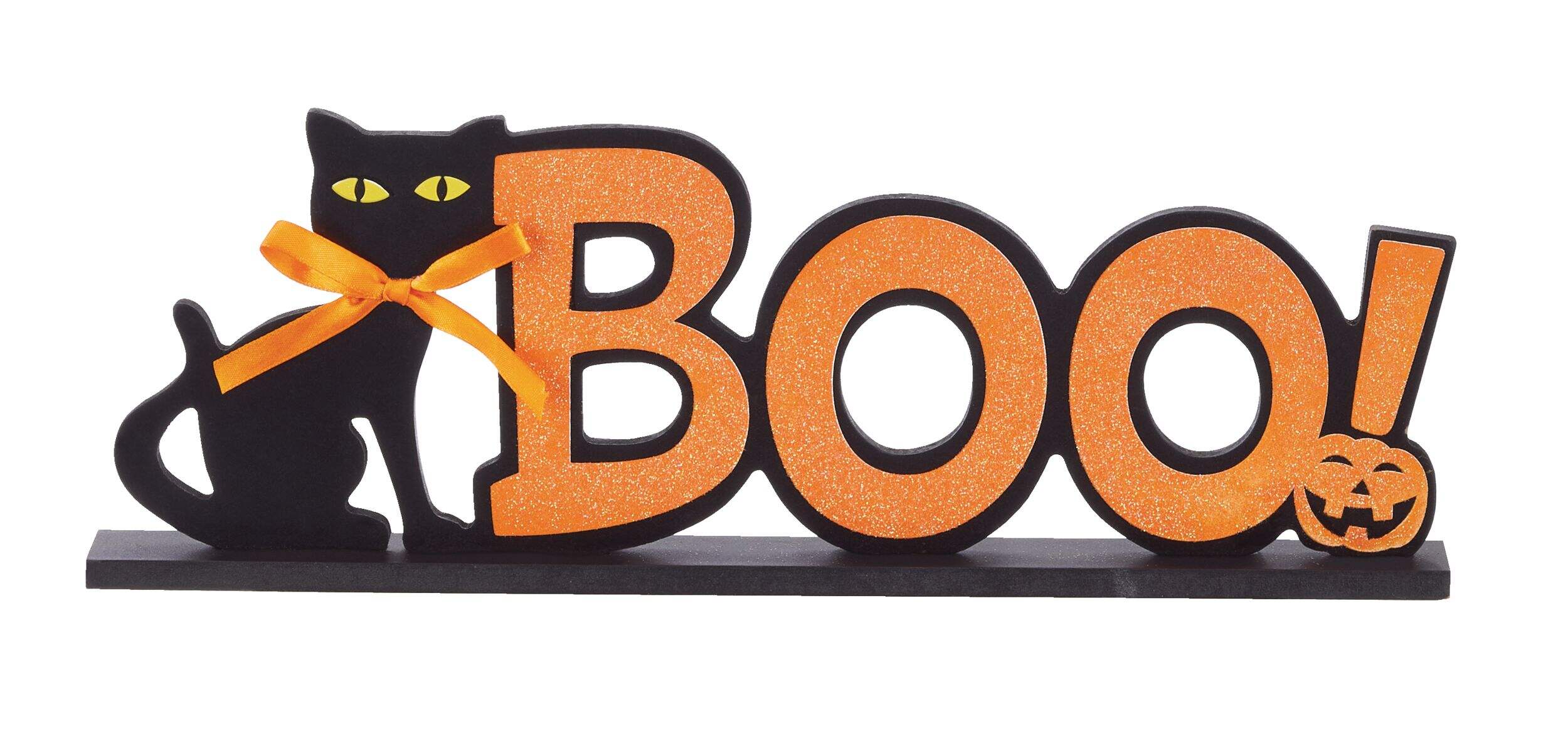 For Living "Boo" Black Cat Glitter Wooden Sign, Orange, 15 3/4-in, Indoor Decoration for Halloween Front_Flat