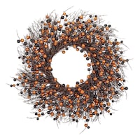 For Living Shimmer Wreath with Beads, Black/Orange, 22-in, Indoor/Outdoor Decoration for Halloween Front_Flat