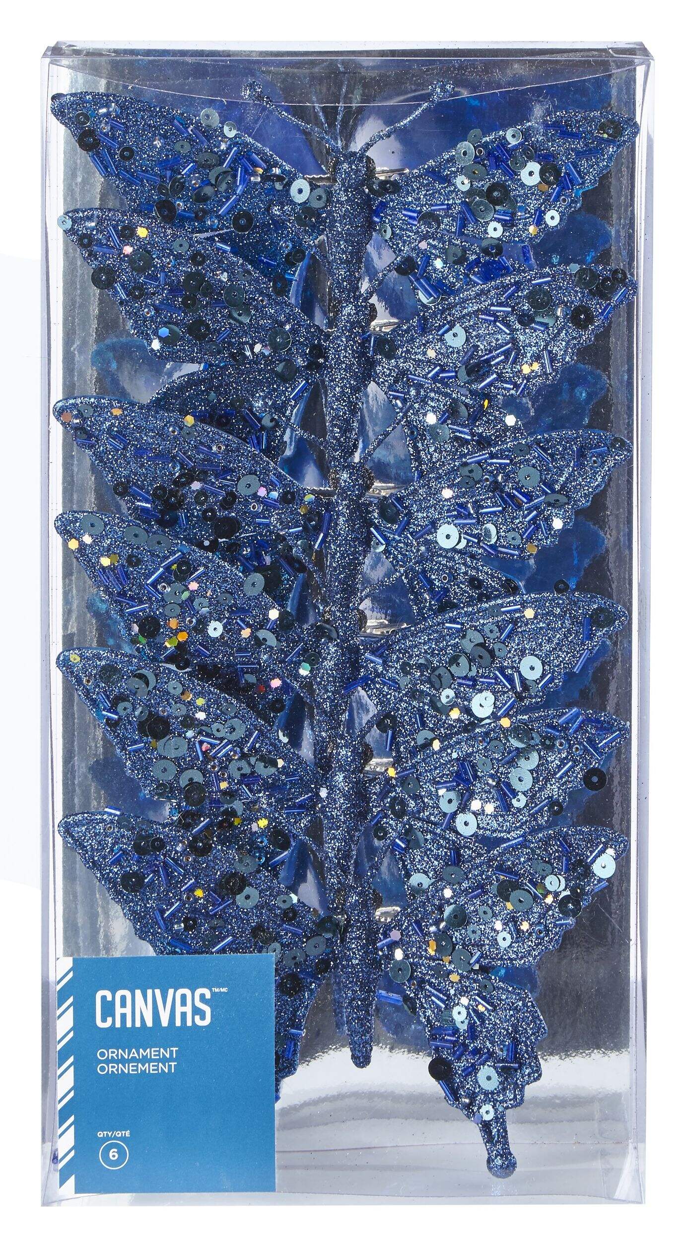 CANVAS Blue Glitter & Sequin Butterfly Ornaments, 6-pk Front_Flat