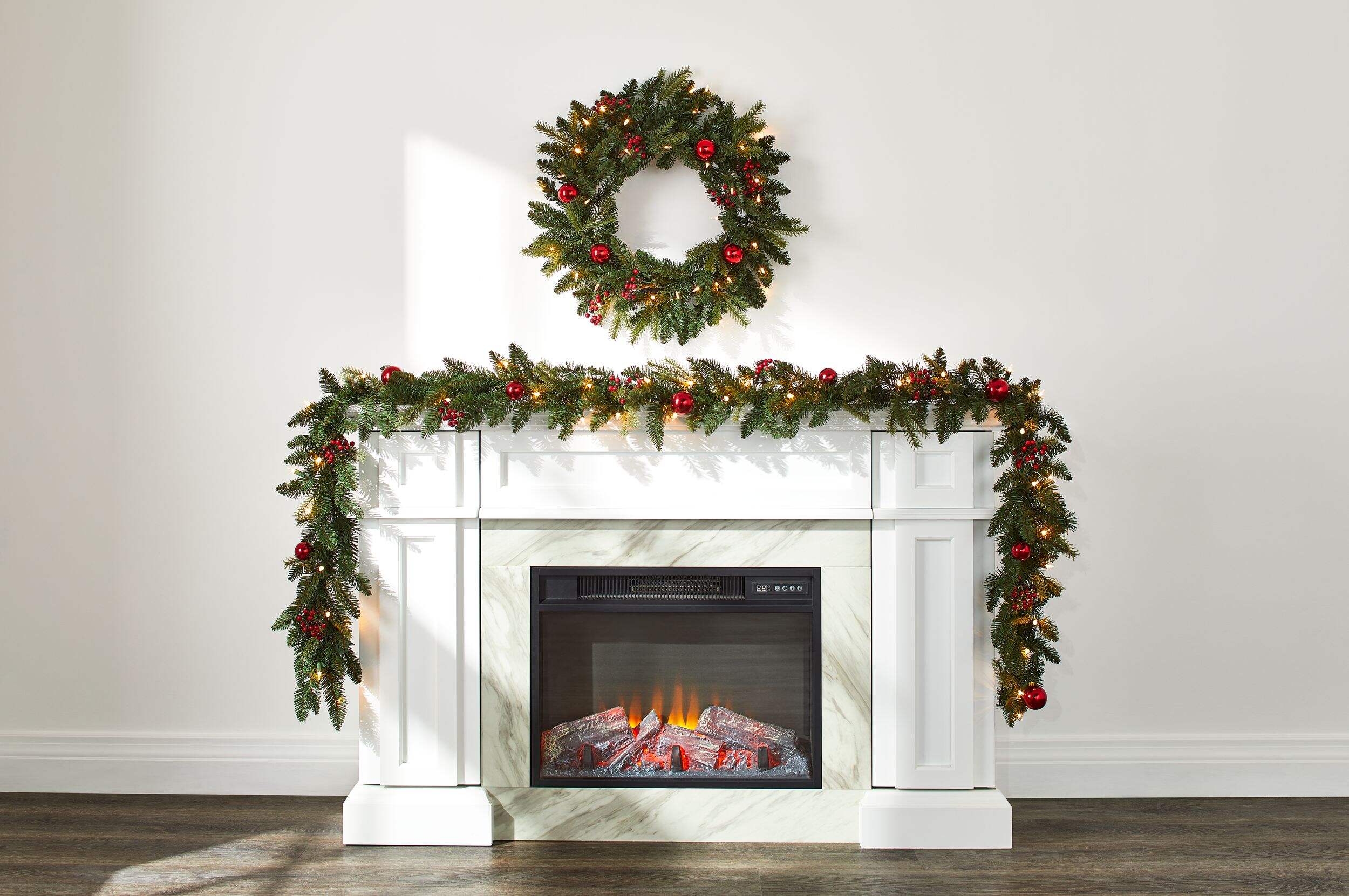 NOMA Grandin Ultra Real Artificial Christmas Garland with Red Ornaments & Berries, 9ft