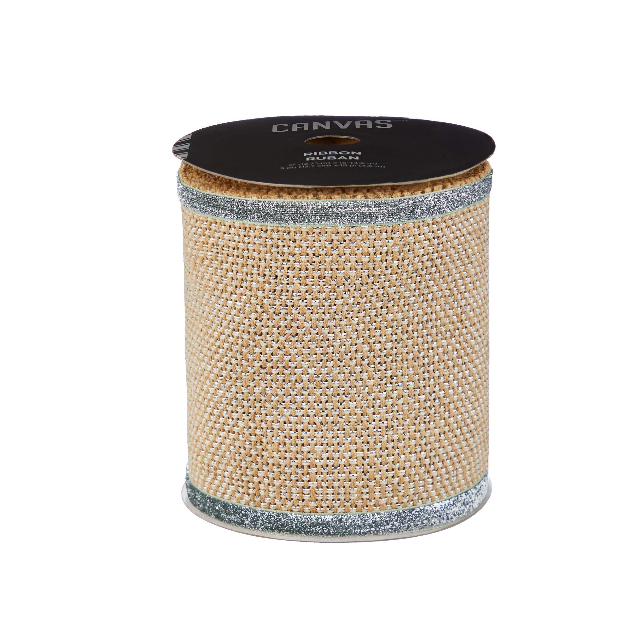 CANVAS Silver Collection Christmas Decoration Burlap Ribbon, 13 1/2-in Front_Elevated