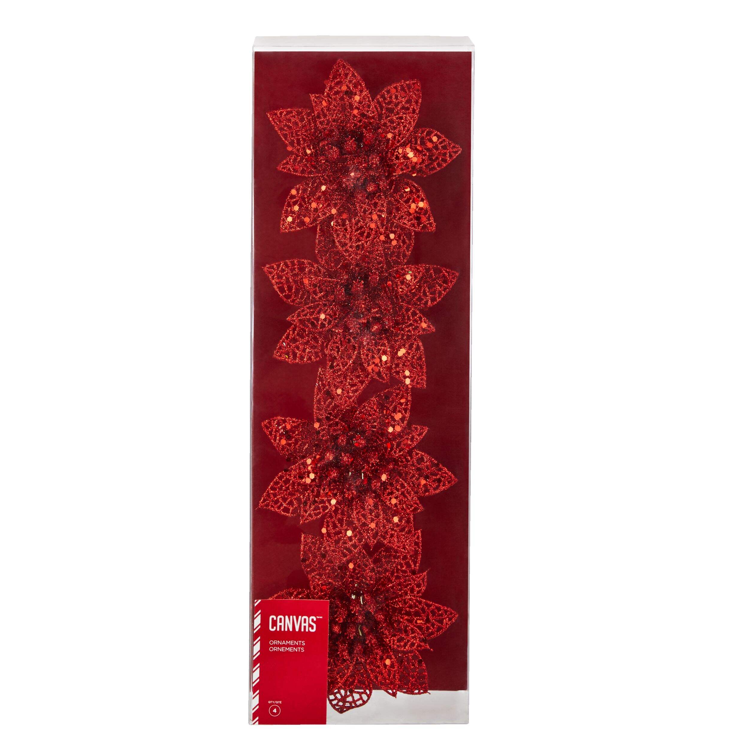 CANVAS Collection Rouge - Décoration de Noël Poinsettias sur pince scintillants, paq. 4 Front_Elevated