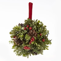 For Living Christmas Decoration Hanging Mistletoe, Green with Berries and Red Ribbon, 5 1/2-in Front_Flat