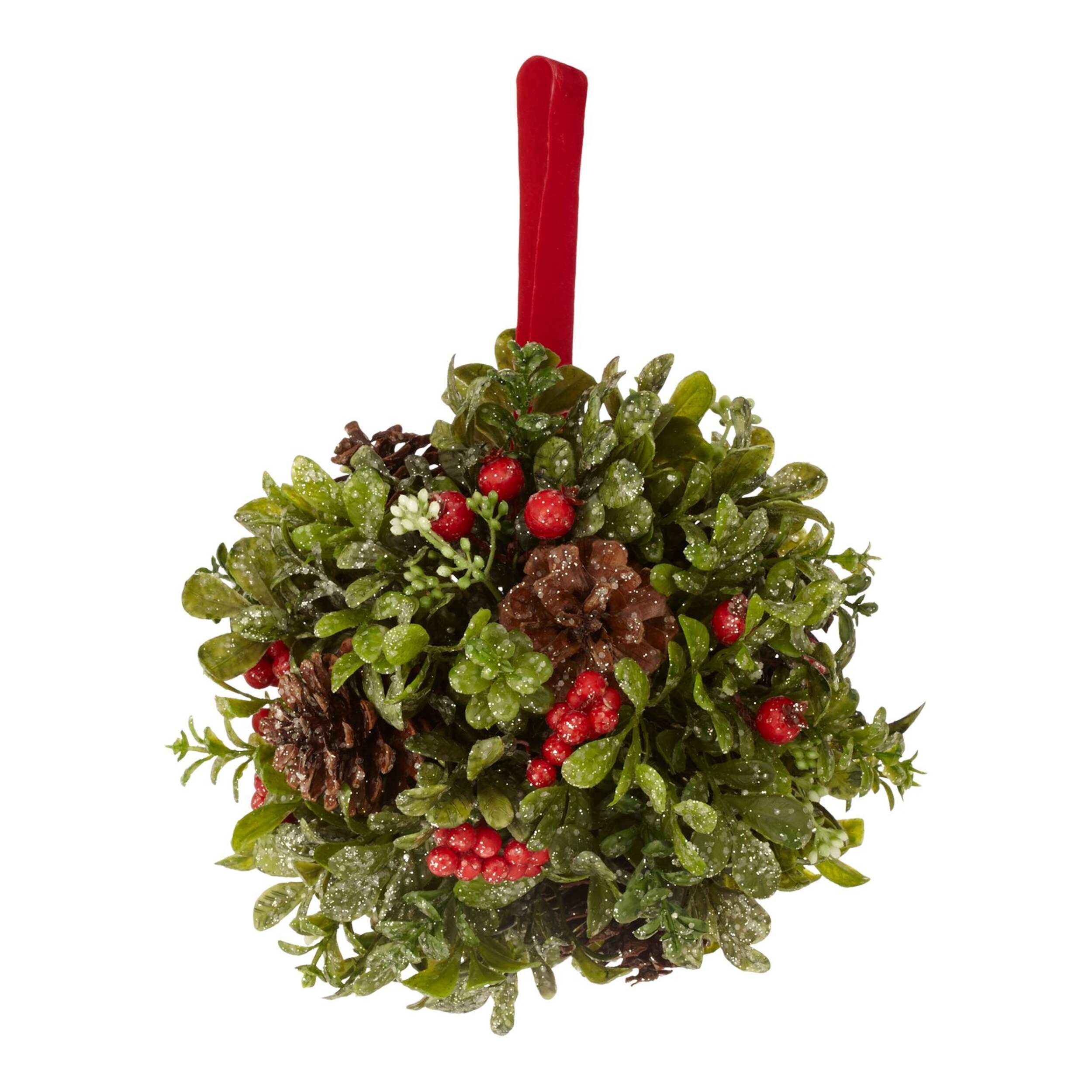 For Living Christmas Decoration Hanging Mistletoe, Green with Berries and Red Ribbon, 5 1/2-in Front_Flat