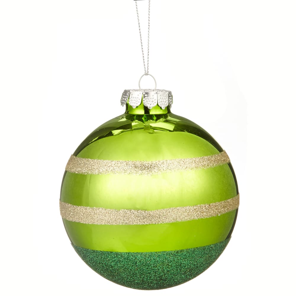 CANVAS Green Shiny Glass with Glitter Stripe Ball Ornament, 100-mm ...