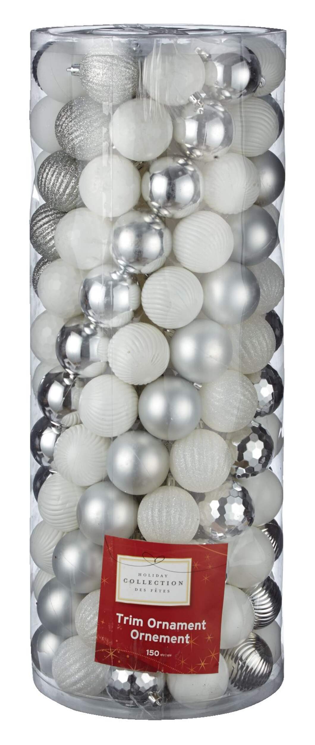 For Living Decoration Metallic Christmas Ornament Set, Silver Mixed, 60-mm, 150-pk Front_Elevated